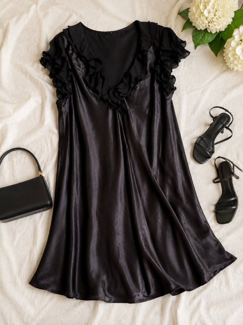 Oscar de la Renta Black Satin Ruffle Slip Dress XL Nightgown